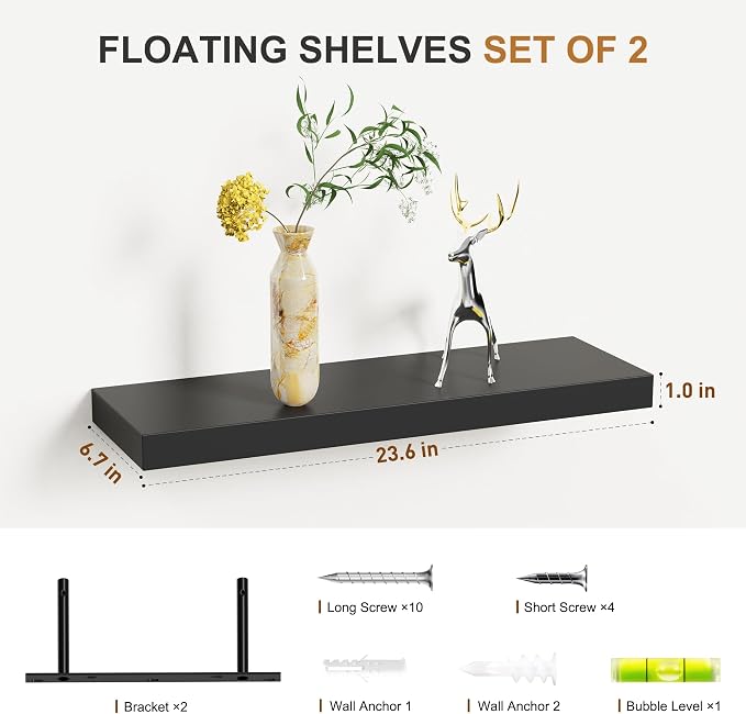 Bellsal 2-Pack Black Modern Floating Shelves, Living Room, Bathroom Storage - Image 3