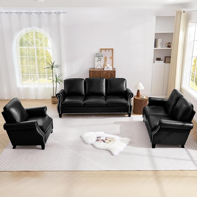 LEVNARY Compact PU Leather Sofa Set 3 Piece, Small Space Couch Set by LEVNARY