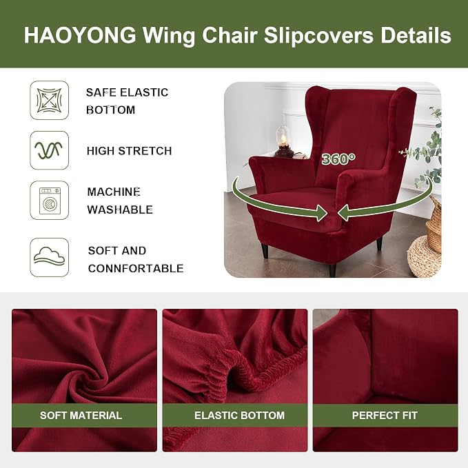 HAOYONG Velvet Wingback Armchair Covers 2-Piece Elastic Stretch Wingback Chair - Image 4