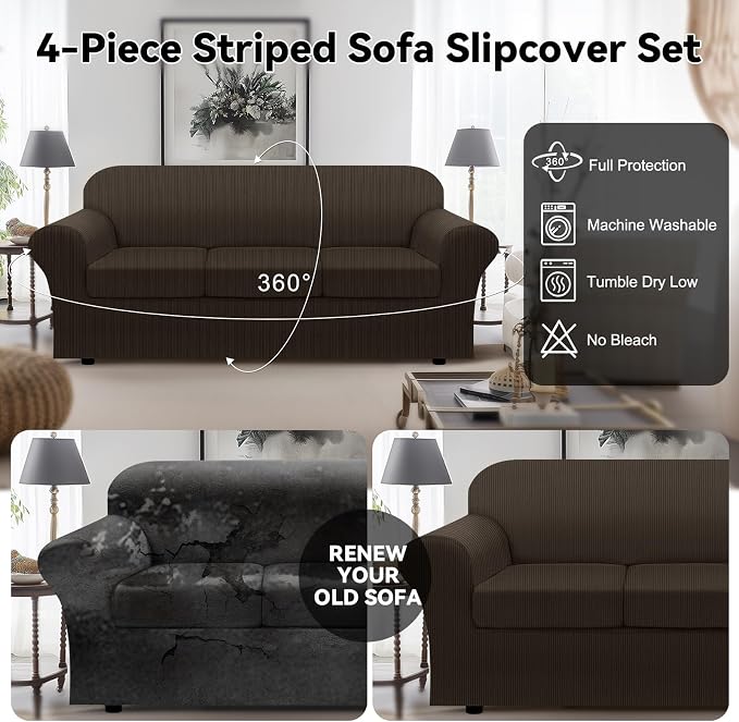 100% WaterproofCouch Cover 4-Piece Set Striped Sofa Slipcovers - Image 6