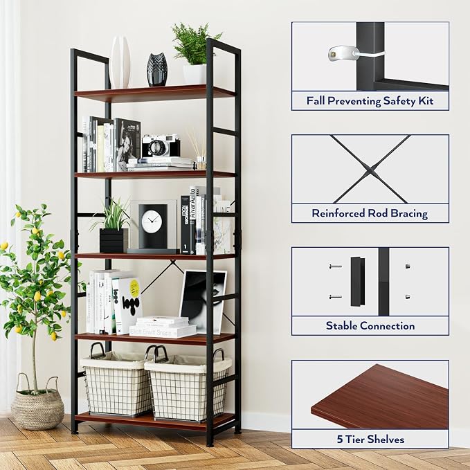 NUMENN 5 Tier Bookshelf, Tall Bookcase Shelf Storage Organizer, Modern Book - Image 5