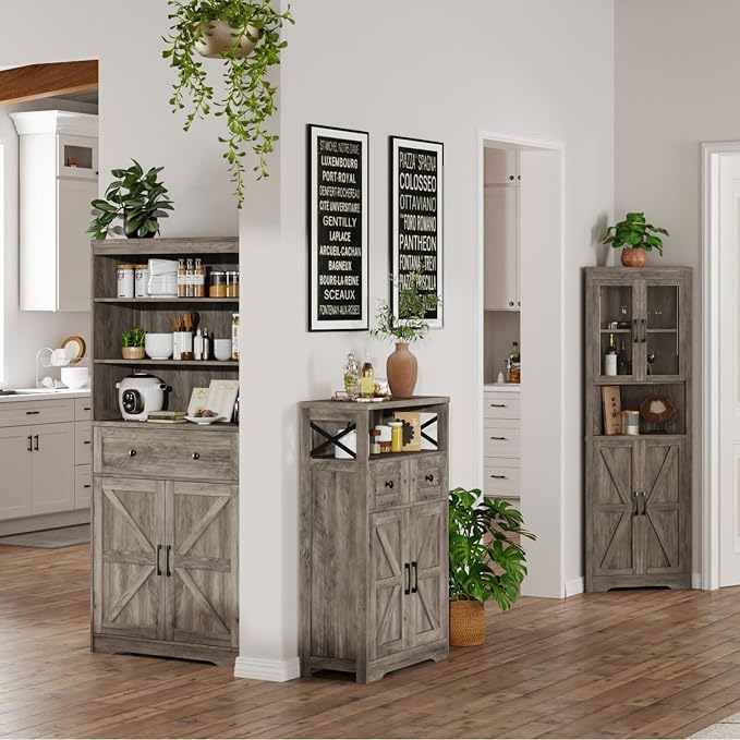 Farmhouse Storage Cabinet with Barn Doors and Open Shelf, Kitchen Pantry with - Image 3