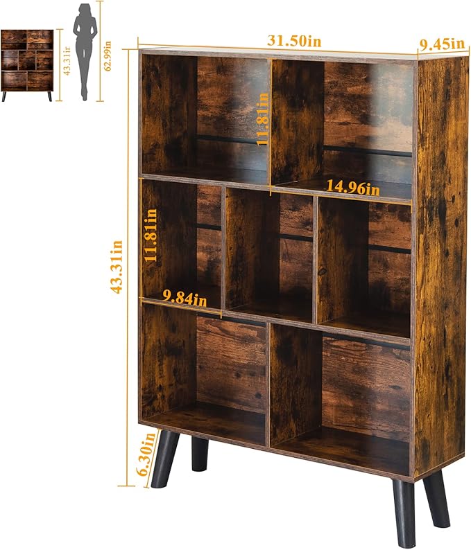 LEYAOYAO Cube Bookshelf 3 Tier Mid-Century Rustic Brown Modern Bookcase - Image 2