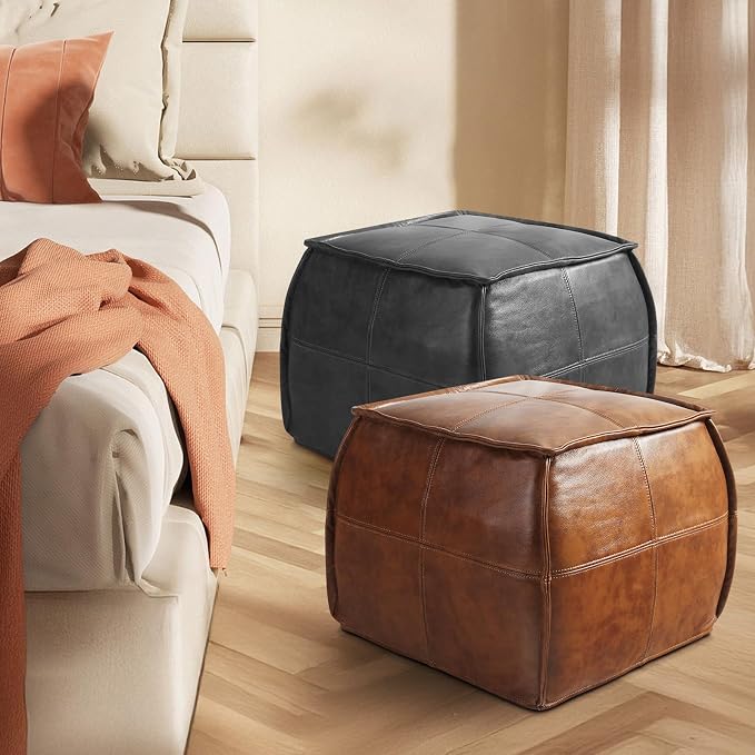Leather Ottoman, Handmade Stuffed Square Ottoman, Genuine Leather Pouf - Image 4