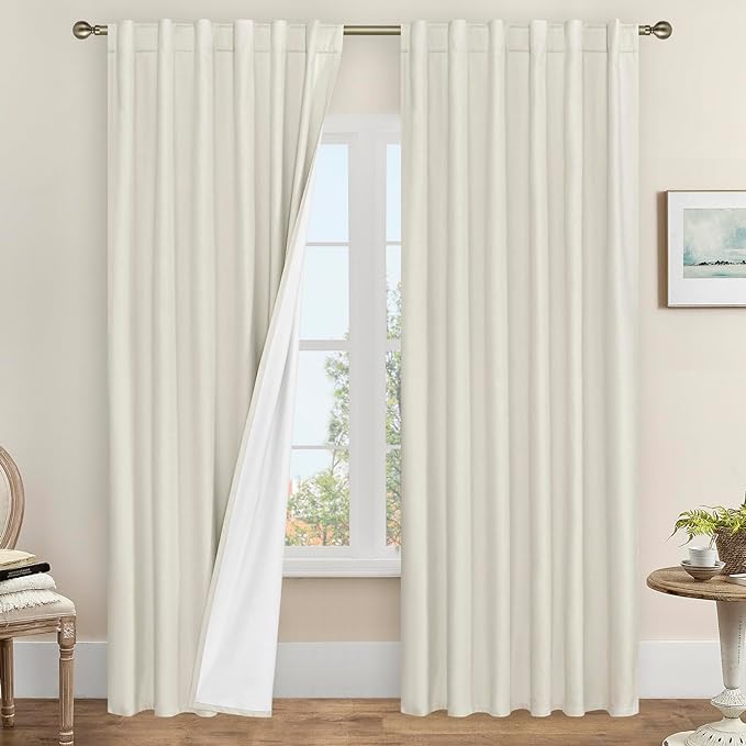 100% Blackout Linen Curtains for Living Room 95 Inch, 52 x 95 Inch | Ivory by LAMIT