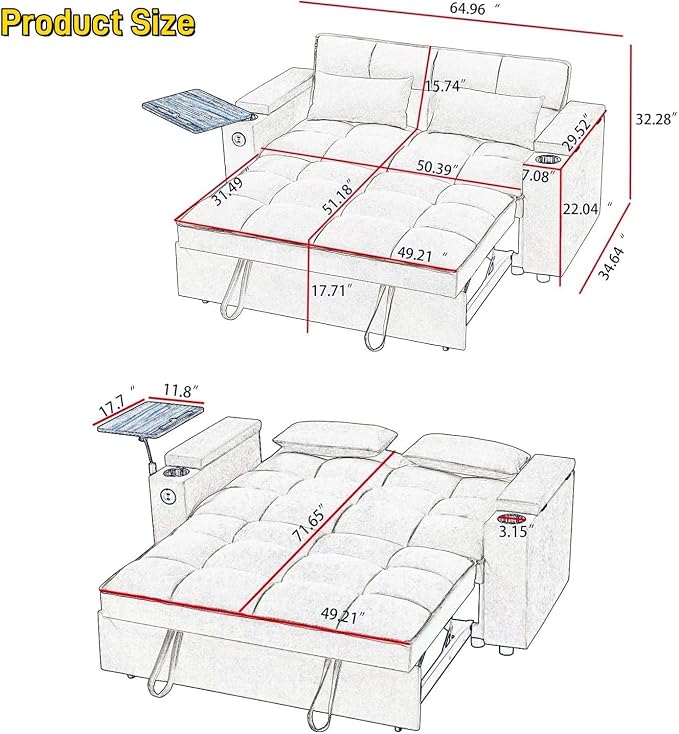 oaaktu Large Size Convertible Sleeper Sofa Bed, Polka dot Velvet Pull Out Futon - Image 2