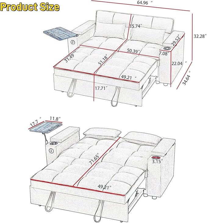 oaaktu Large Size Convertible Sleeper Sofa Bed, Polka dot Velvet Pull Out Futon - Image 2