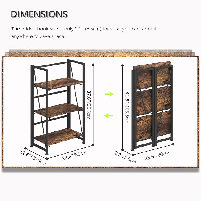 4NM No Assembly Folding Bookshelf Storage Shelves 3 Tiers Vintage Bookcase - Image 3