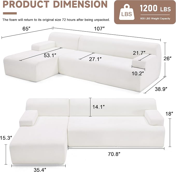 Weture 107" Modular Sectional Cloud Couch, Boneless couches Sponge sectionals - Image 2