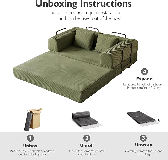 59in Convertible Sofa Bed, Corduroy Boneless Couch Bed, Futon Sleeper Sofa Pull - Image 4