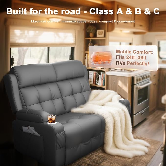 Reclining Loveseat, 55.1" RV PU Leather Wall Hugger Recliner Love Seats Sofa - Image 3