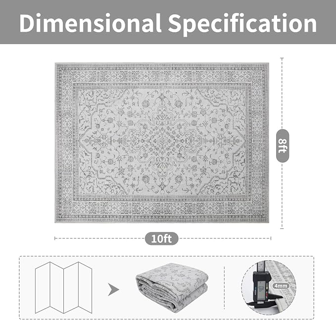 8x10 Boho Washable Area Rugs for Living Room, Dining Room-Gray White | Retro - Image 2