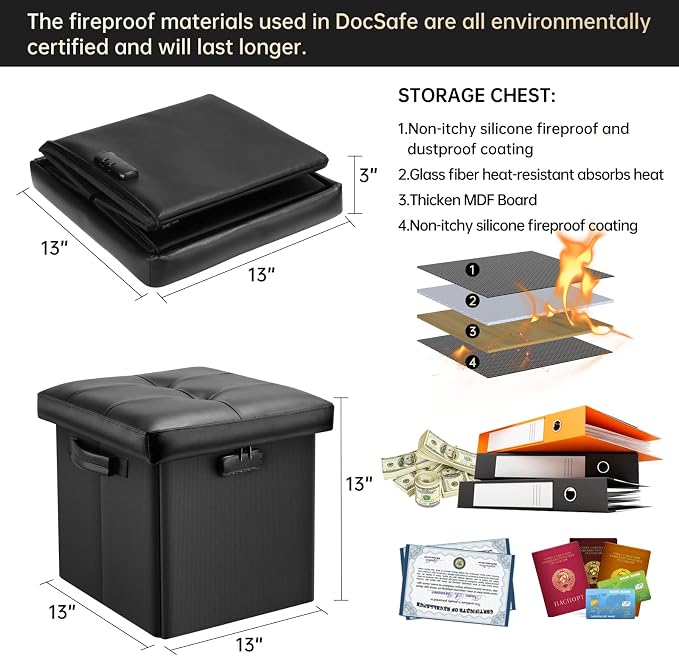 DocSafe Storage Ottoman with Lock, Fireproof Folding Ottoman Foot Rest Stool - Image 3