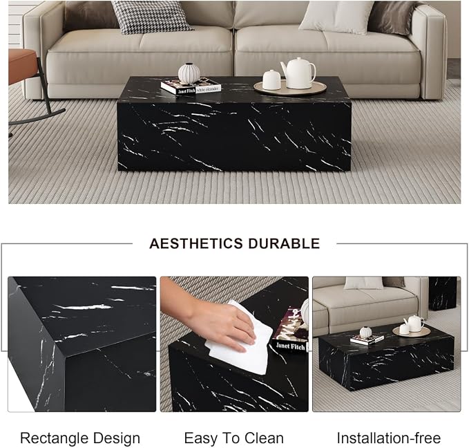 Coffee Table Living Room Table, Modern Black Faux Marble Center Couch Table - Image 4