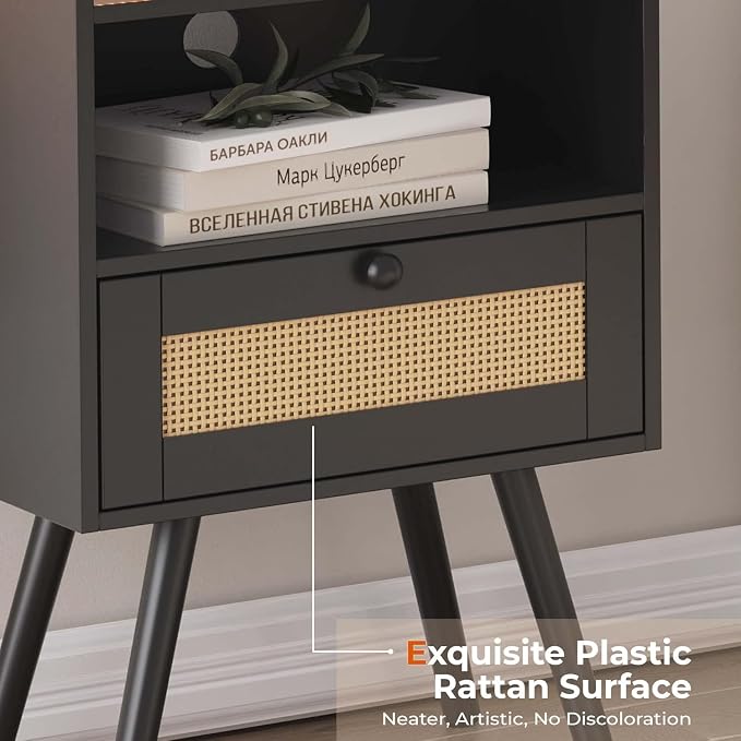 SUPERJARE Nightstand with Charging Station & Rattan-Like Decor Drawer, Rattan - Image 7