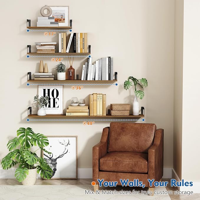 Harwaya Floating Book Shelves for Wall Set of 3, 17 x 8 Inch Deep Wooden Wall - Image 5