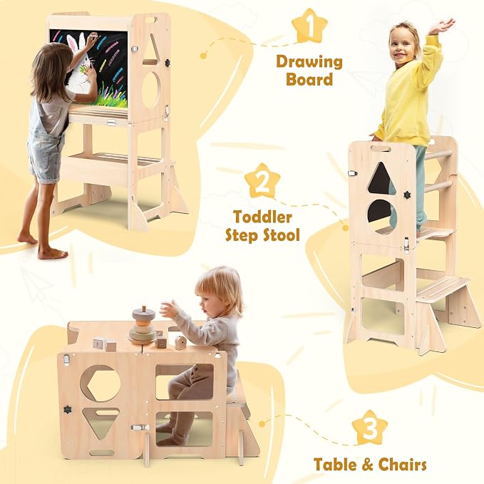 Woodure 4-in-1 Toddler Kitchen Step Stool, Foldable Learning Standing Tower - Image 3