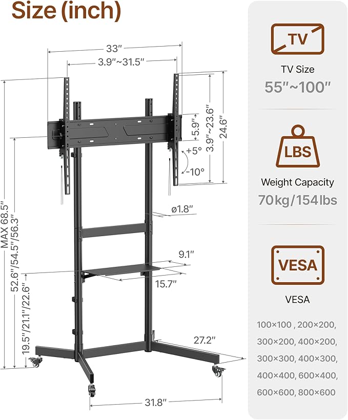 Heavy-Duty Rolling TV Stand for 55–100" Screens — Supports 165 lbs, Stable - Image 7