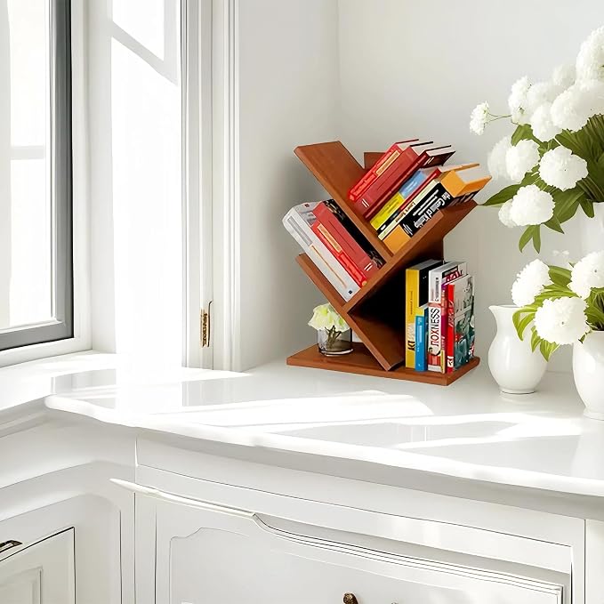 Godferyxin Tree Bookshelf, Small Bookshelf, 3 Tier Wood Mini Book Shelf and - Image 7