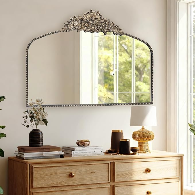 Arch Antique Black Mirror, 40x30inch Baroque Style Vintage Mirror, Metal Frame - Image 4