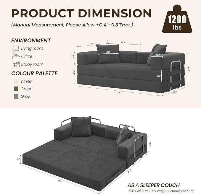 GRUSIGN 78 Inch Convertible Sofa Bed, 5-in-1 Futon Sofa Bed Pull Out Couch - Image 2