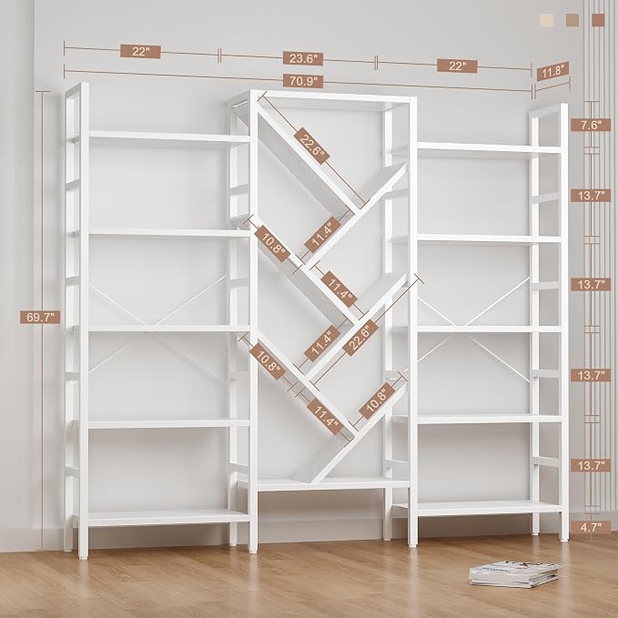 INNOD 70" Triple 5 Tier Book Shelf, Large Wooden Bookcase - Image 2
