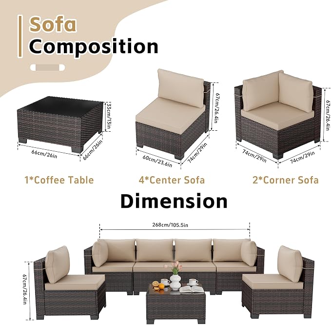 LEVELEVE 7 Pieces Outdoor Patio Furniture Sets, Rattan Conversation Sectional - Image 5
