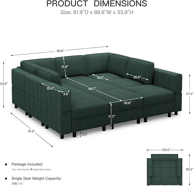 Belffin 9 Seats Corduroy Modular Sectional Sofa, Comfy Upholstered Sectional - Image 2