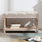 Farmhouse Storage Bench Wooden Entryway Linen Upholstered Ottoman Button Tufted by Janoray