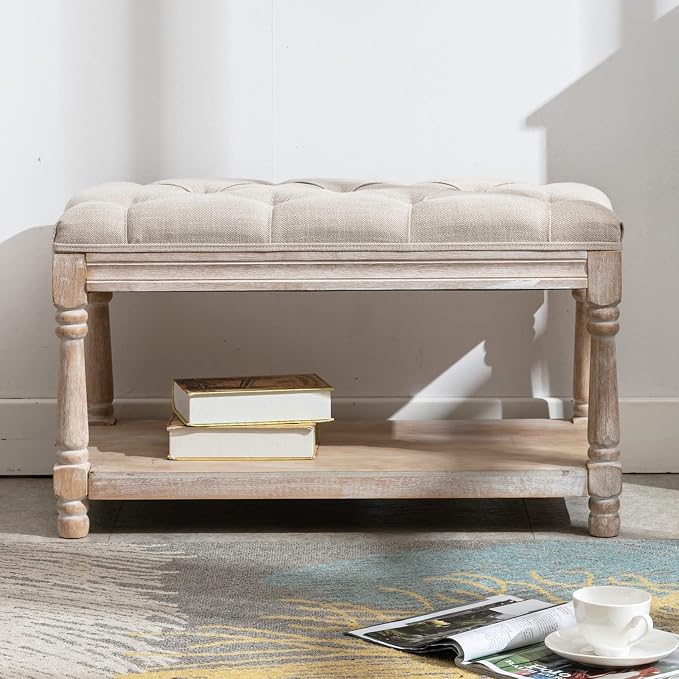 Farmhouse Storage Bench Wooden Entryway Linen Upholstered Ottoman Button Tufted by Janoray