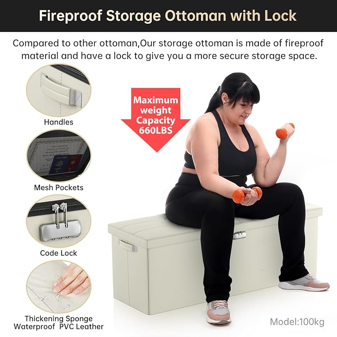 DocSafe Storage Ottoman Bench, Fireproof＆Waterproof Folding Bench - Image 6