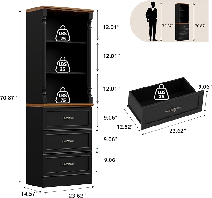 Bookshelf with Drawers, Floor Standing Display Storage Cabinet - Image 2
