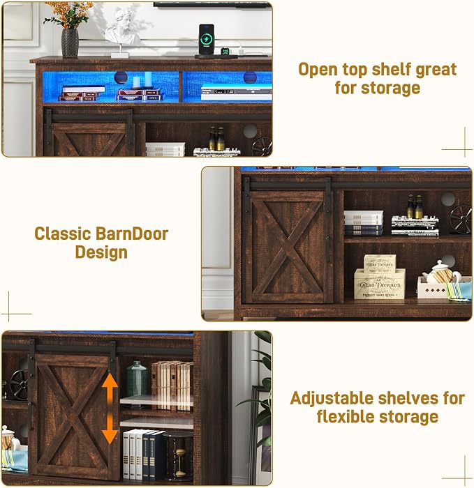 LED Farmhouse TV Stand for 80/75 inch TVs, Rustic Entertainment Center Cabinet - Image 3