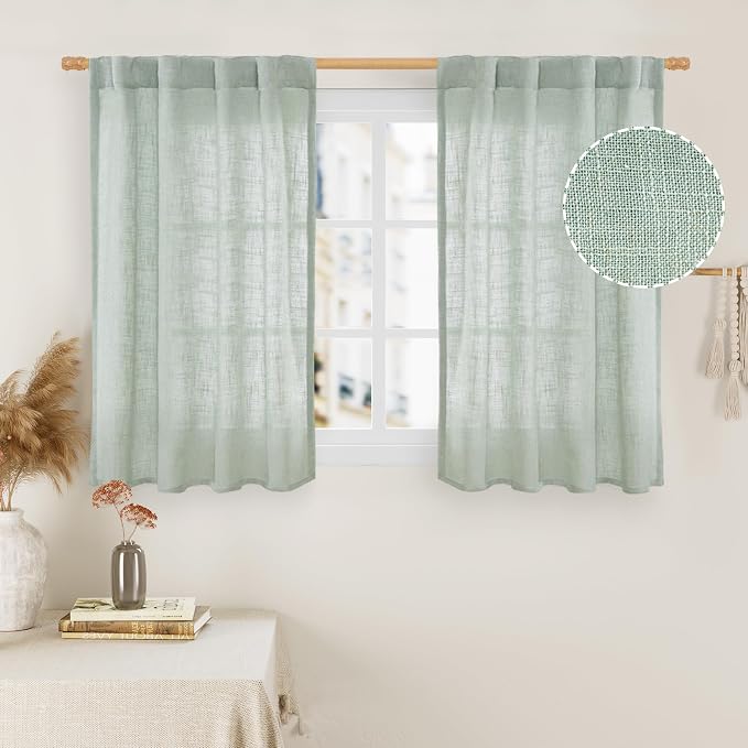 Short Linen Window Curtains 40 Inch Length 2 Panels, Light Sage | Semi Sheer by LAMIT