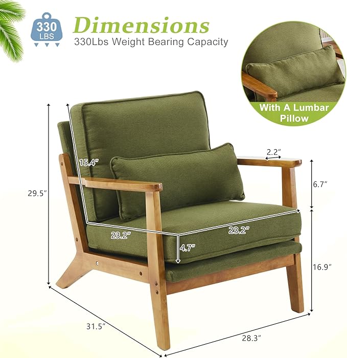 VINGLI Solid Wood Wide Armrests Accent Chair, Upholstered Mid Century Modern - Image 2