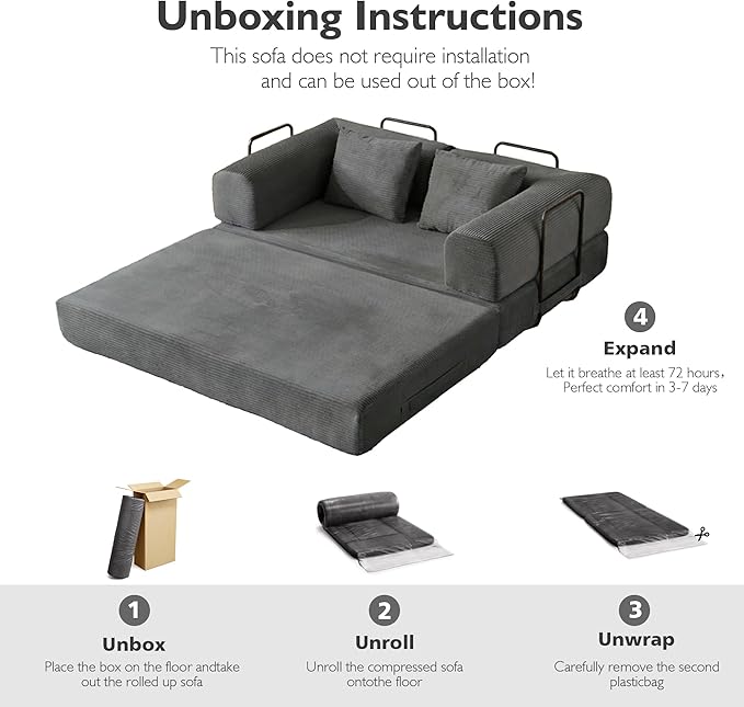 59in Convertible Sofa Bed, Corduroy Boneless Couch Bed, Futon Sleeper Sofa Pull - Image 4