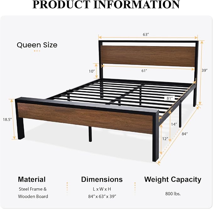 SHA CERLIN 14 Inch Queen Size Metal Platform Bed Frame - Image 2