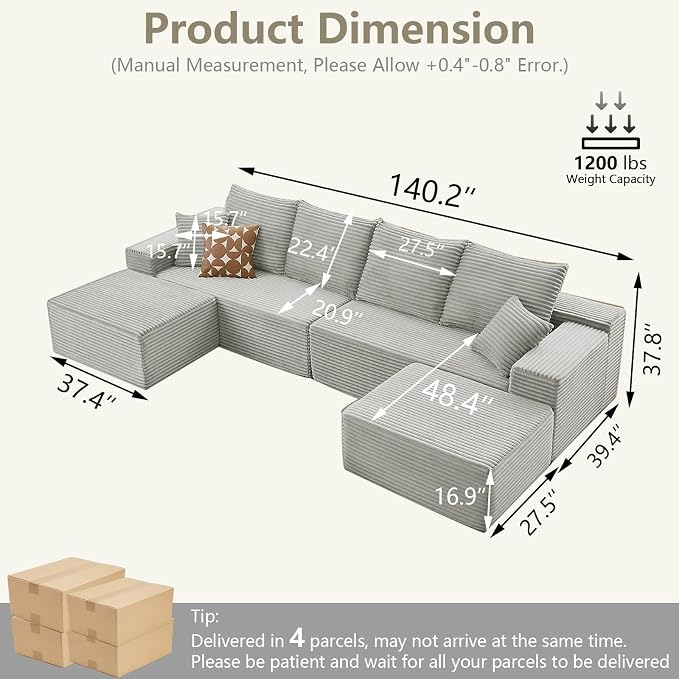 140" Sectional Cloud Couch for Living Room, Modular Floor Deep-Seat Sofa - Image 2