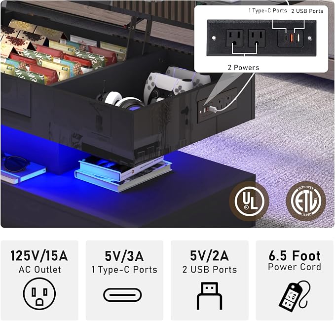 47.2" Large Lift Top Coffee Table, Modern High Glossy LED Coffee Tables - Image 3