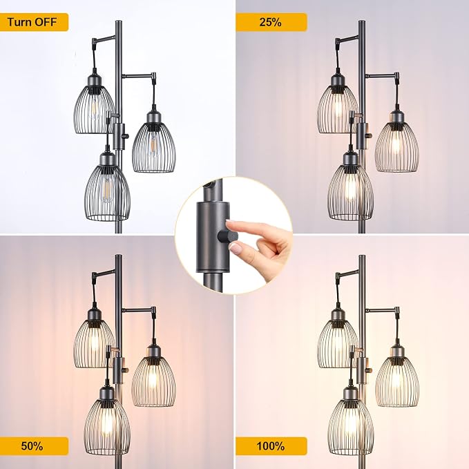 Nintiue Dimmable Floor Lamp, 3 x 800LM LED Edison Bulbs Included, Industrial - Image 3
