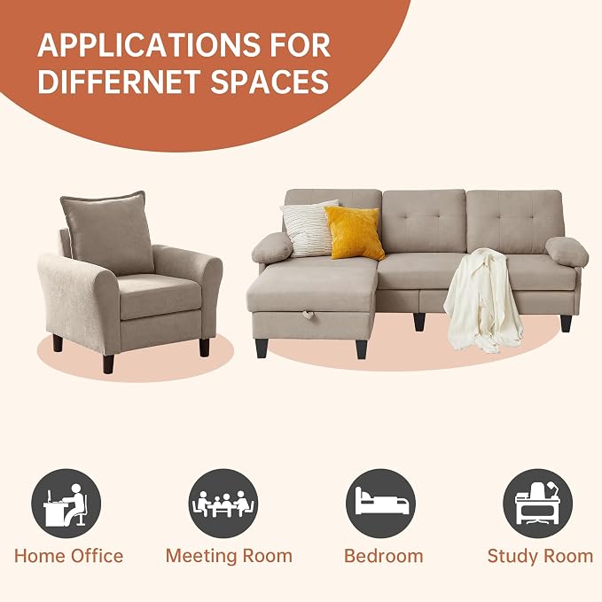 2PCS Sectional Sofa Set with Ottoman, Modern Linen 4 Seater Couch Set with Side - Image 5