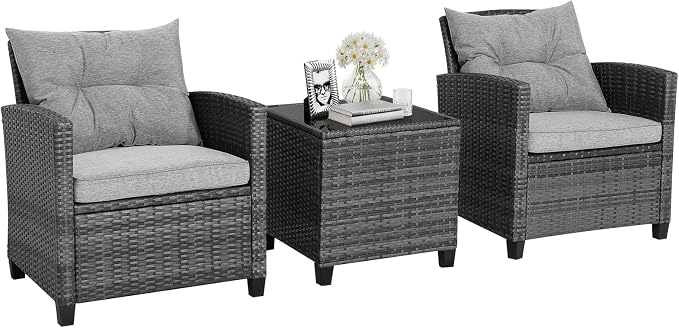 HAPPYGRILL 3 Pieces Patio Conversation Set, Outdoor Furniture Set PE Rattan by HAPPYGRILL