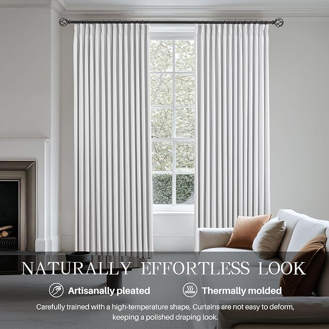 Pinch Pleated Linen White Blackout Curtains 102 Inches Long - Image 2
