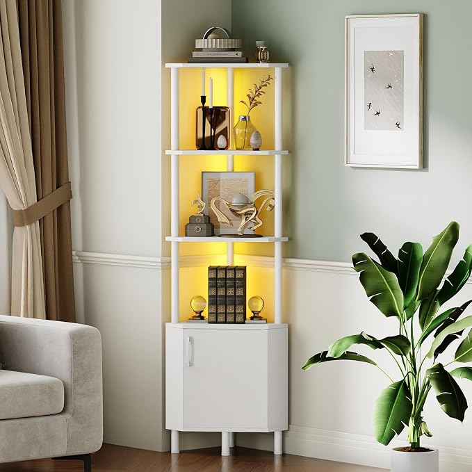 HOOBRO Corner Cabinet with LED Light, Corner Shelf Stand with Storage and Doors - Image 3