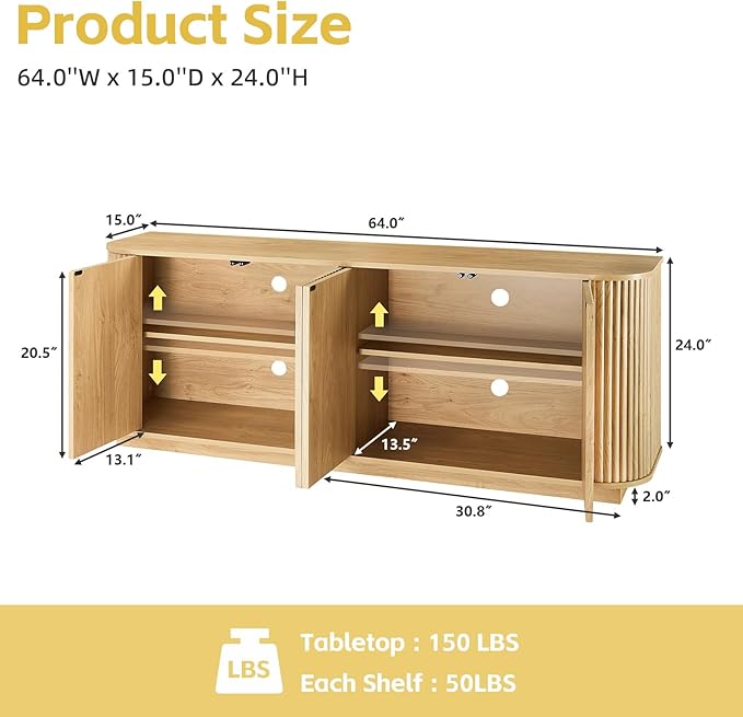 64" Fluted TV Stand for TVs up to 75 inch, Modern Entertainment Center - Image 2
