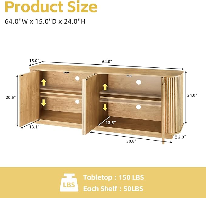 Fluted TV Stand for TVs Up to 75 Inch, Mid Century Modern TV Console for Living - Image 2