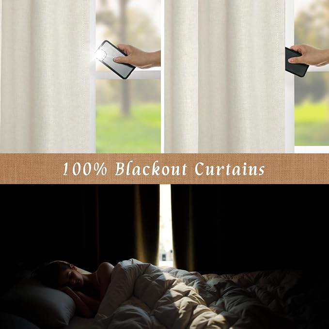 Ivory 100% Blackout Polyester Curtains 54 Inches Long, Linen Textured Living - Image 3