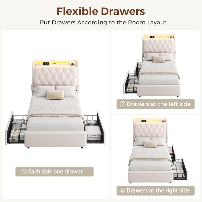 Twin LED Velvet Bed Frame with 2 Storage Drawers&Hidden Headboard, Upholstered - Image 8