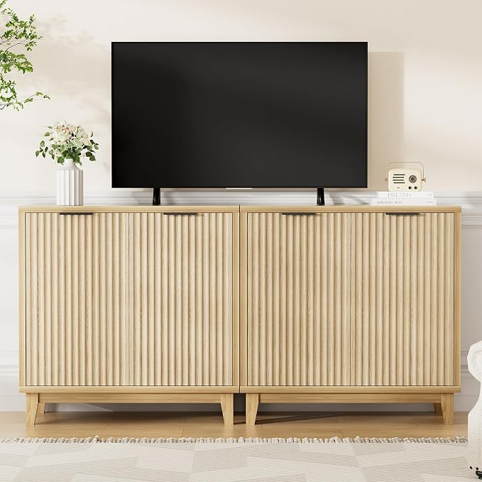 Fluted Cabinet with Storage, 2 Doors Sideboard Buffet, Mid Century Modern - Image 8
