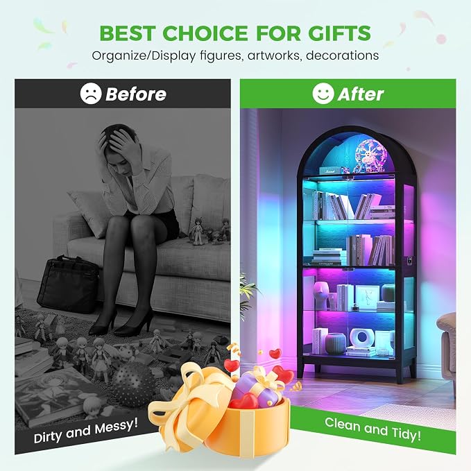 HNEBC Arched Display Case with RGB Lights, LED Curio Cabinet with Shelf - Image 8
